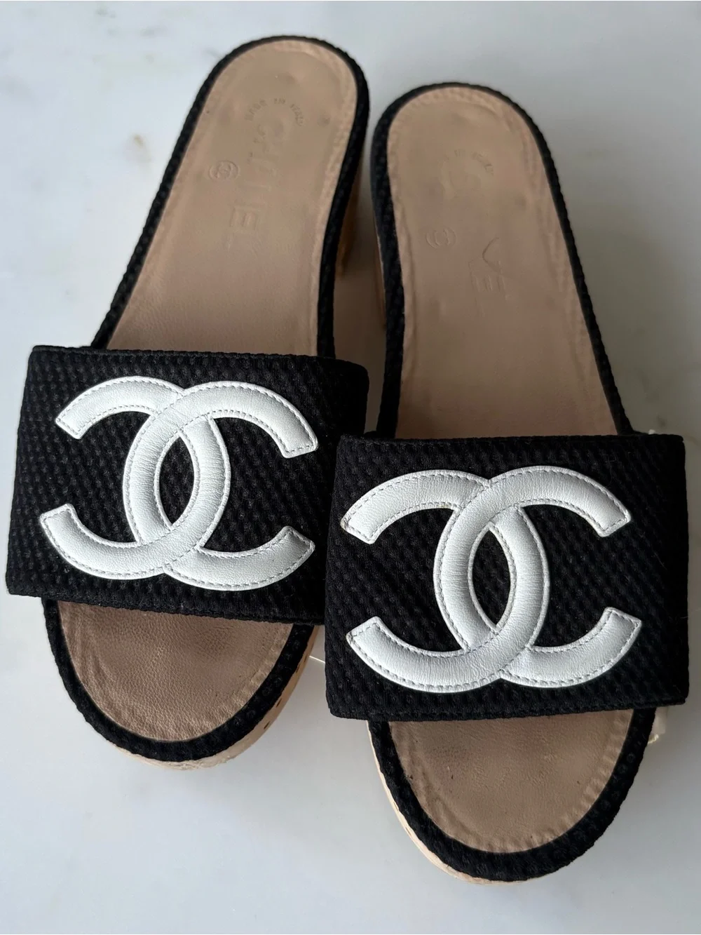 CHANEL Black and White Logo Slide Sandals Size 39.5